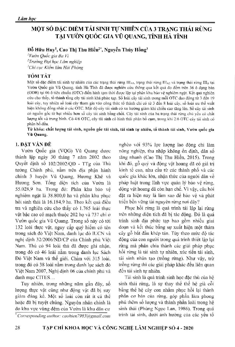 Một số đặc điểm tái sinh tự nhiên của 3 trạng thái rừng tại vườn quốc gia Vũ Quang, tỉnh Hà Tĩnh = Some natural regeneration characteristics of three forest states in vu quang national park, Ha Tinh province
