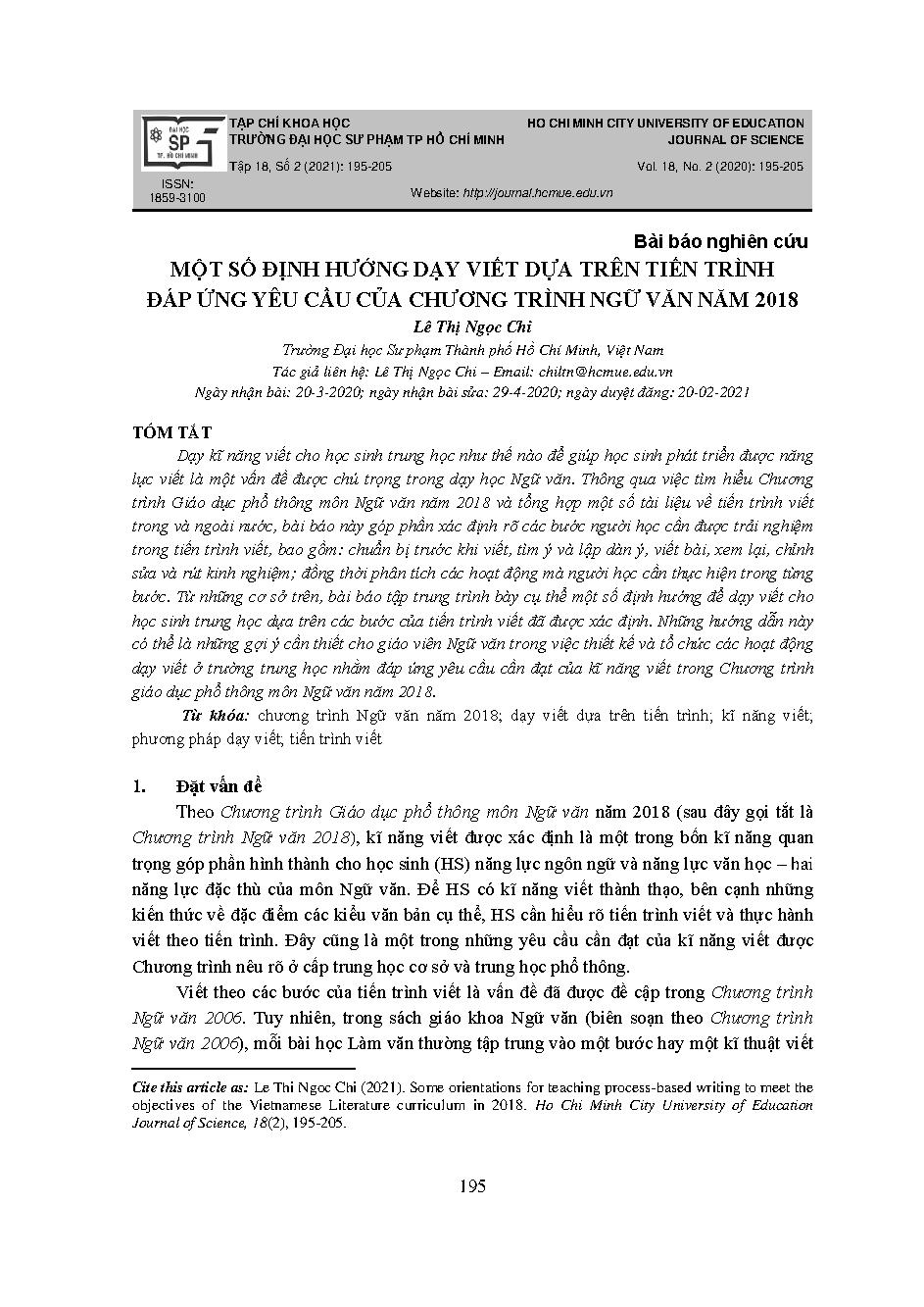 Một số định hướng dạy viết dựa trên tiến trình đáp ứng yêu cầu của chương trình ngữ văn năm 2018 = Some orientations for teaching process-based writing to meet the objectives of the vietnamese literature curriculum in 2018