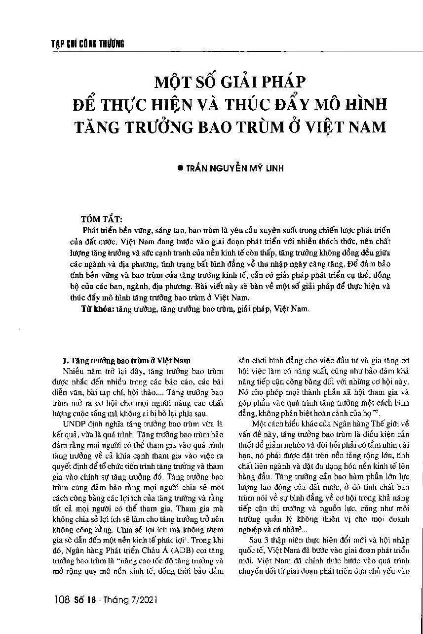Một số giải pháp để thực hiện và thúc đẩy mô hình tăng trưởng bao trùm ở Việt Nam = Some solutions to implement and facilitate the inclusive growth model in Vietnam