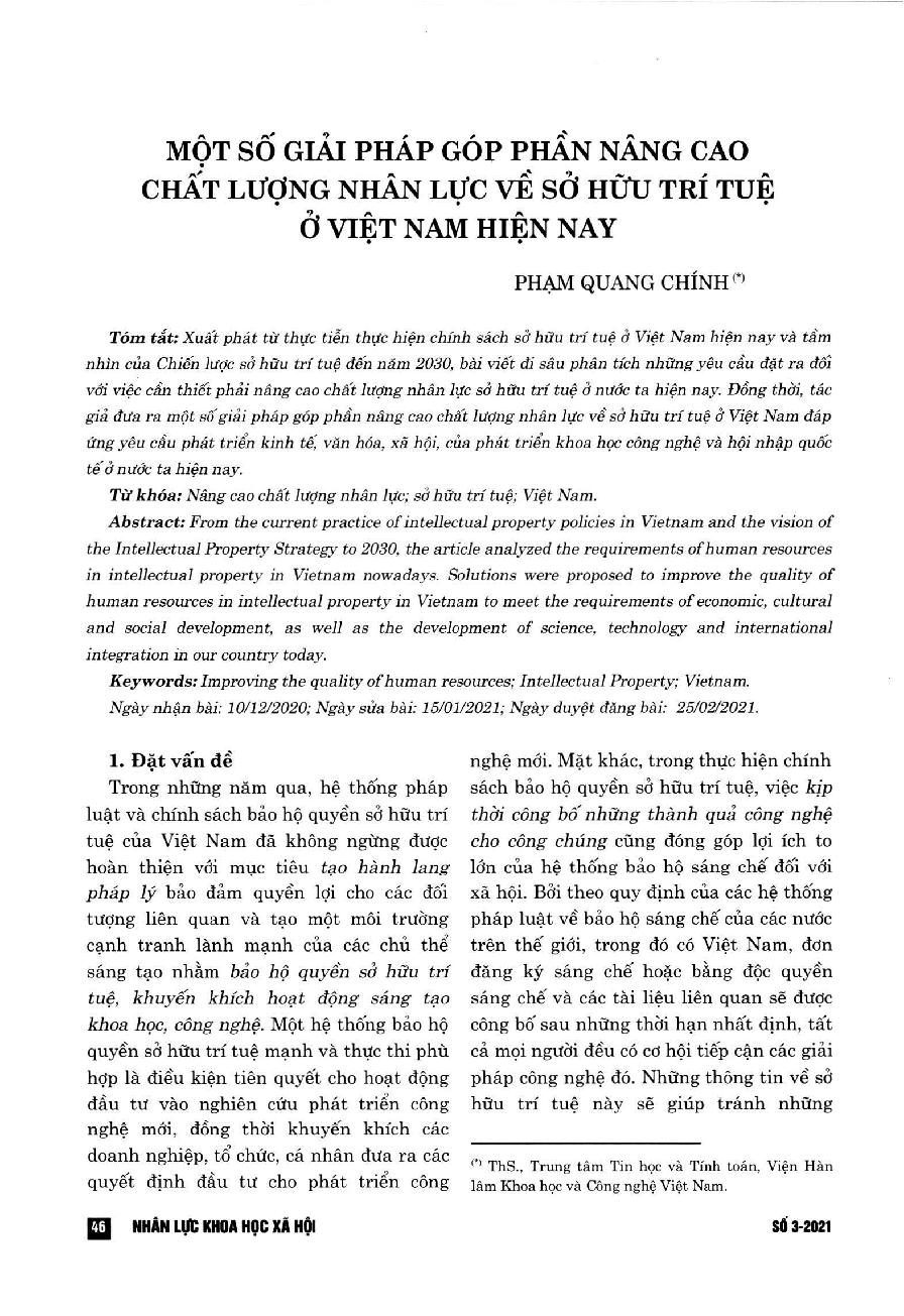 Một số giải pháp góp phần nâng cao chất lượng nhân lực về sở hữu trí tuệ ở Việt Nam hiện nay = Solutionsto improve human resources in intellectual property in Vietnam