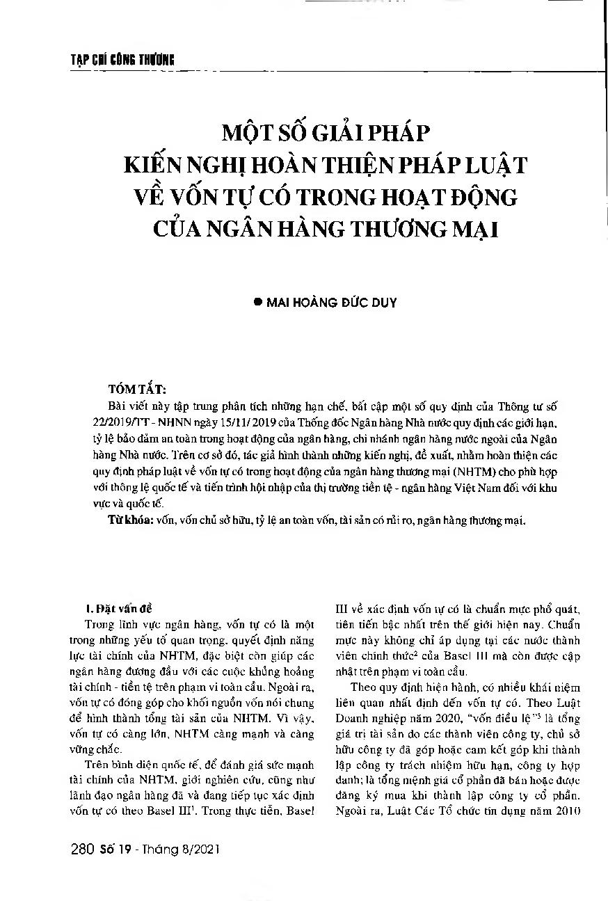 Một số giải pháp kiến nghị hoàn thiện pháp luật về vốn tự có trong hoạt động của Ngân hàng Thương mại = Some recommendations to improve the effectiveness of Vietnam's regulations on commercial banks' equity and other types of capital