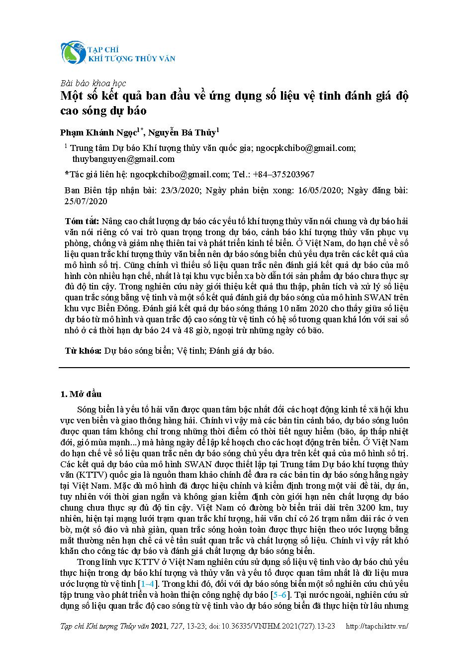 Một số kết quả ban đầu về ứng dụng số liệu vệ tinh đánh giá độ cao sóng dự báo = Some initial results on the application of satellite data to validate wave heights forecasting