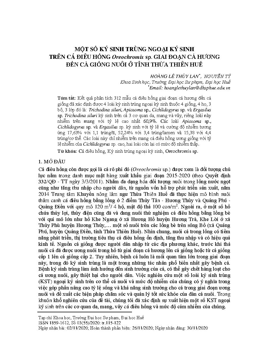 Một số ký sinh trùng ngoại ký sinh trên cá điêu hồng Oreochromis sp. giai đoạn cá hương đến cá giống nuôi ở tỉnh Thừa Thiên Huế = Some ectoparasites of fry red tilapia Oreochromis sp. cultured in Thua Thien Hue province