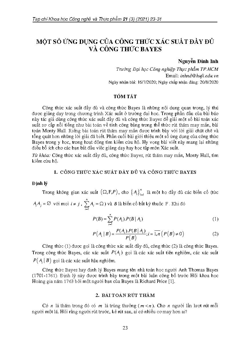 Một số ứng dụng của công thức xác suất đầy đủ và công thức bayes = Some applications of total probability theorem and bayes’ theorem