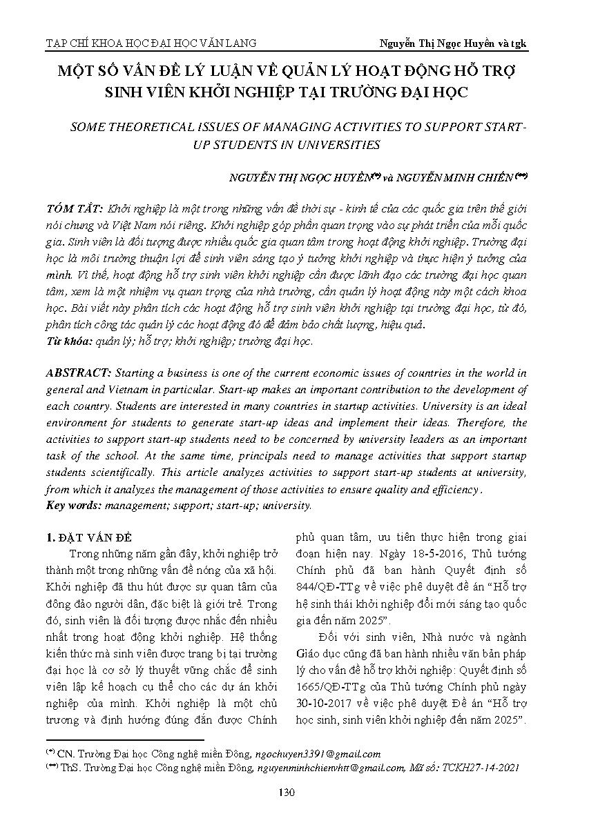 Một số vấn đề lý luận về quản lý hoạt động hỗ trợ sinh viên khởi nghiệp tại trường đại học = Some theoretical issues of managing activities to support startup students in universities