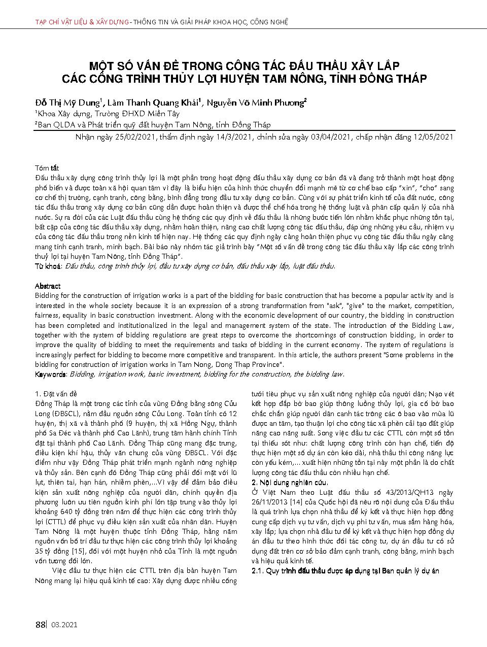 Một số vấn đề trong công tác đấu thầu xây lắp các công trình thủy lợi huyện Tam Nông, tỉnh Đồng Tháp = Some issues in bidding for construction and installation of irrigation works in Tam Nong district, Dong Thap province