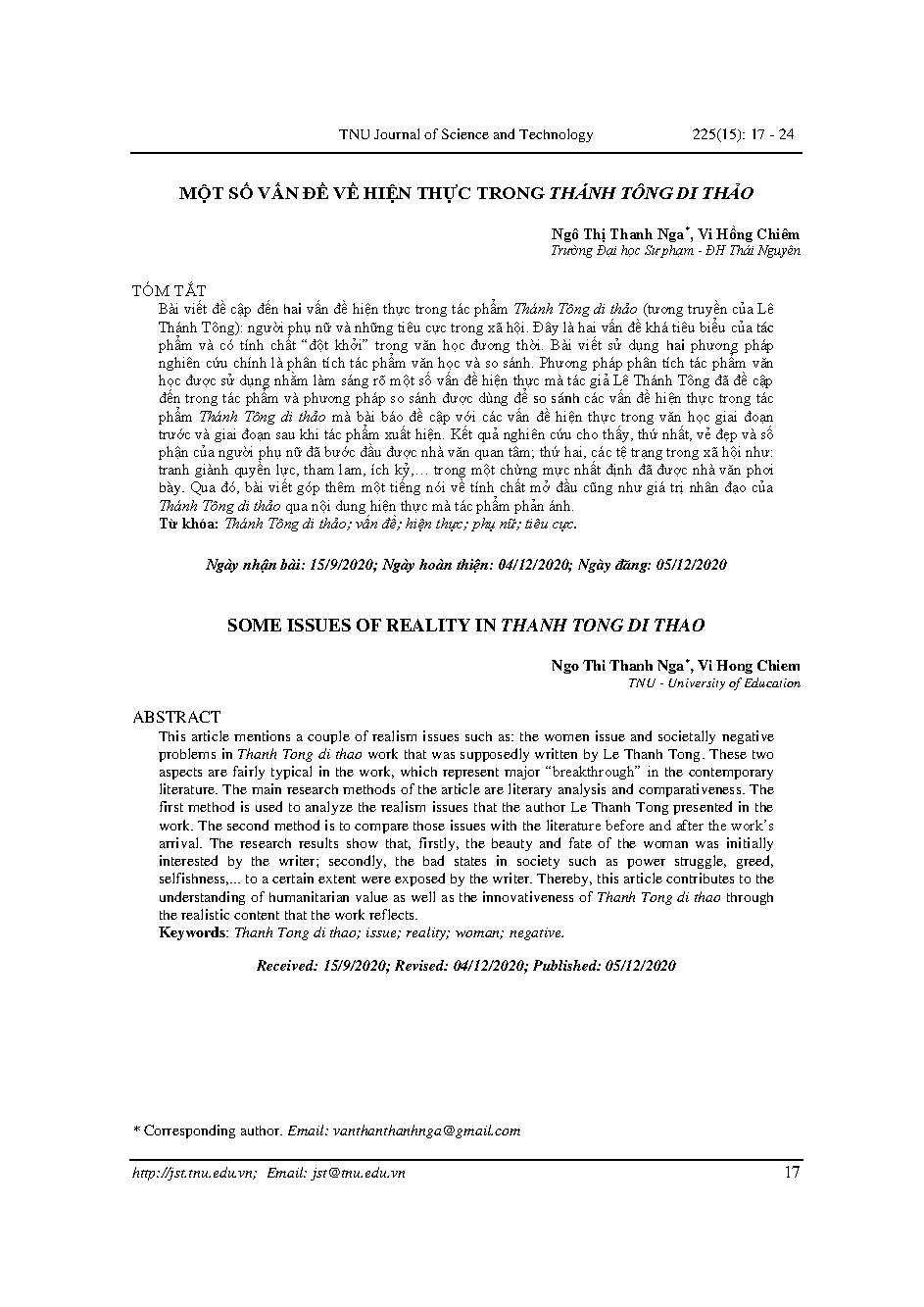 Một số vấn đề về hiện thực trong Thánh Tông di thảo = Some issues of reality in Thanh Tong di thao