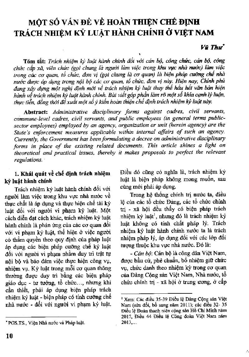 Một số vấn đề về hoàn thiện chế định trách nhiệm kỷ luật hành chính ở Việt Nam = Issues on Perfecting the Administrative Disciplinary Institution in Vietnam