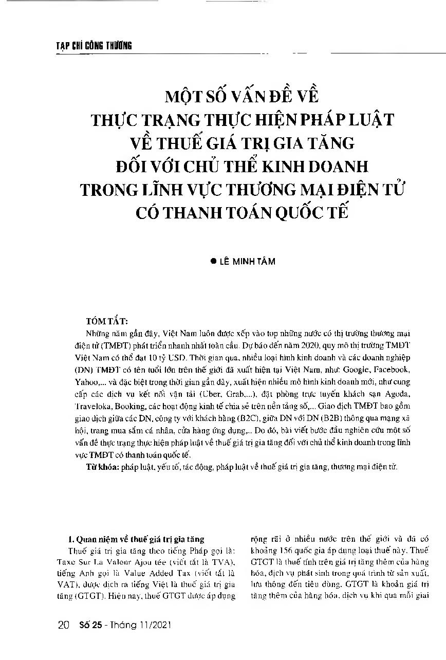 Một số vấn đề về thực trạng thực hiện pháp luật về thuế giá trị gia tăng đối với chủ thể kinh doanh trong lĩnh vực thương mại điện tử có thanh toán quốc tế = Some issues about the compliance of e-commerce businesses with regulations on value-added tax of international payments