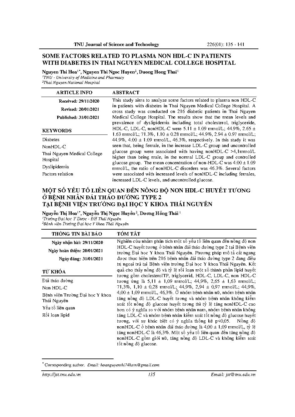 Một số yếu tố liên quan đến nồng độ non hdl-c huyết tương ở bệnh nhân đái tháo đường type 2 tại bệnh viện trường đại học y khoa thái nguyên = Some factors related to plasma non hdl-c in patients with diabetes in thai nguyen medical college hospital