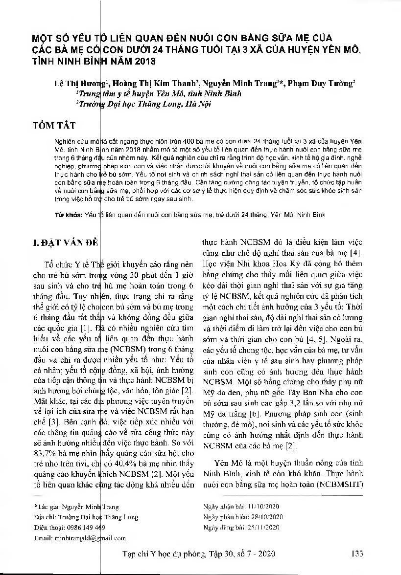Một số yếu tố liên quan đến nuôi con bằng sữa mẹ của các bà mẹ có con dưới 24 tháng tuổi tại 3 xã của huyện Yên Mô, tỉnh Ninh Bình năm 2018 = Some factors related to breastfeeding of mothers having children under 24 months old in 3 communes of Yen Mo district, Ninh Binh province, 2018