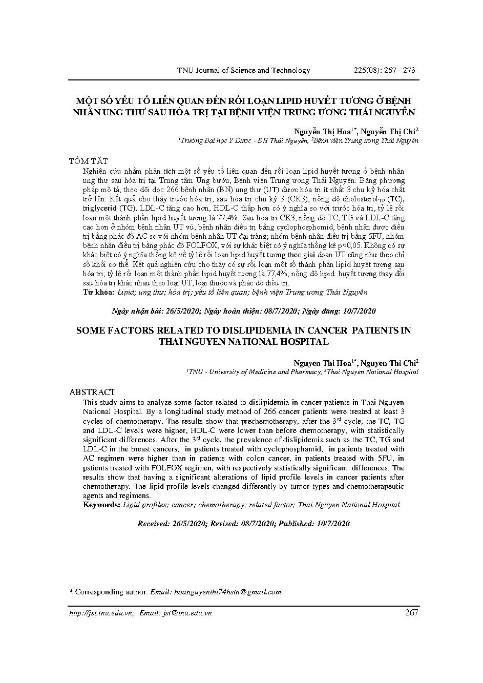 Một số yếu tố liên quan đến rối loạn lipid huyết tương ở bệnh nhân ung thư sau hóa trị tại Bệnh viện Trung ương Thái Nguyên = Some factors related to dyslipidemia in cancer patients in Thai Nguyen national hospital