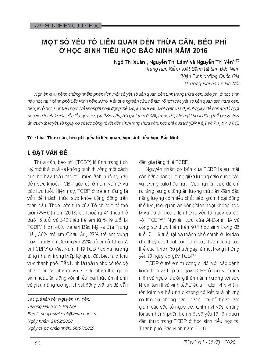 Một số yếu tố liên quan đến thừa cân, béo phì ở học sinh tiểu học Bắc Ninh năm 2016 = Factors associated with overweight and obesityamong elementary school students in Bac Ninh, 2016