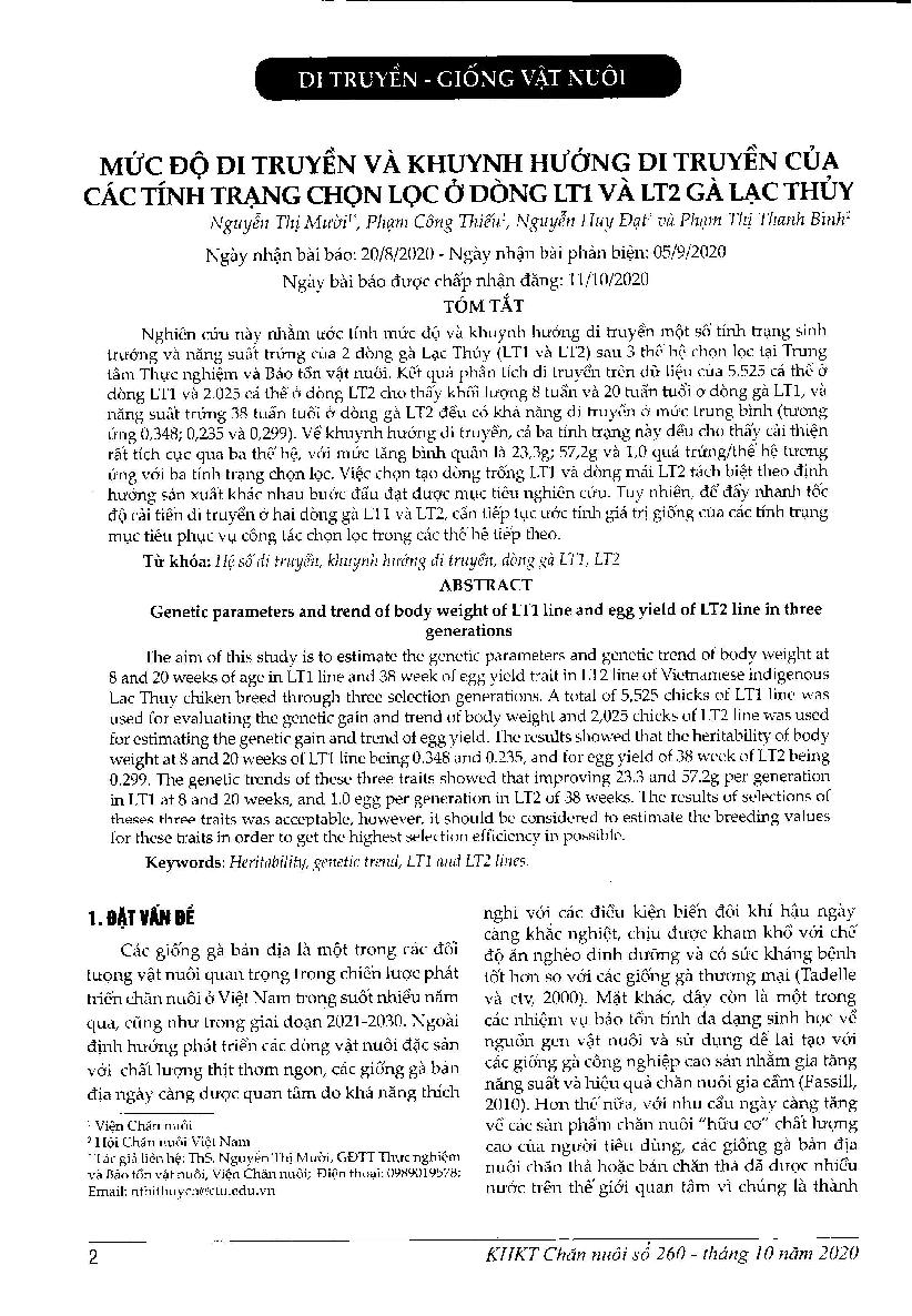 Mức độ di truyền và khuynh hướng di truyền của các tính trạng chọn lọc ở dòng LTI và LT2 gà Lạc Thủy = Genetic parameters and trend of body weight of LT1 line and egg yield of LT2 line in three generations