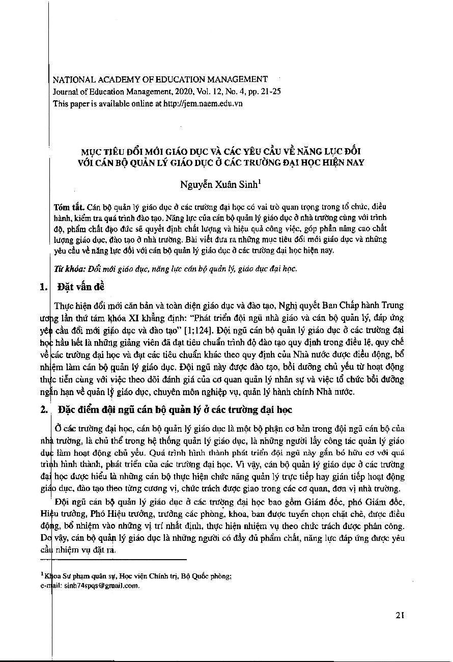 Mục tiêu đổi mới giáo dục và các yêu cầu về năng lực đối với cán bộ quản lý giáo dục ở các trường đại học hiện nay = Education innovation target and requirements for capacities of university managers today