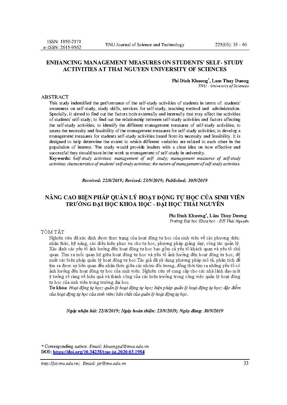 NÂNG CAO BIỆN PHÁP QUẢN LÝ HOẠT ĐỘNG TỰ HỌC CỦA SINH VIÊN TRƯỜNG ĐẠI HỌC KHOA HỌC - ĐẠI HỌC THÁI NGUYÊN = ENHANCING MANAGEMENT MEASURES ON STUDENTS' SELF- STUDY ACTIVITIES AT THAI NGUYEN UNIVERSITY OF SCIENCES