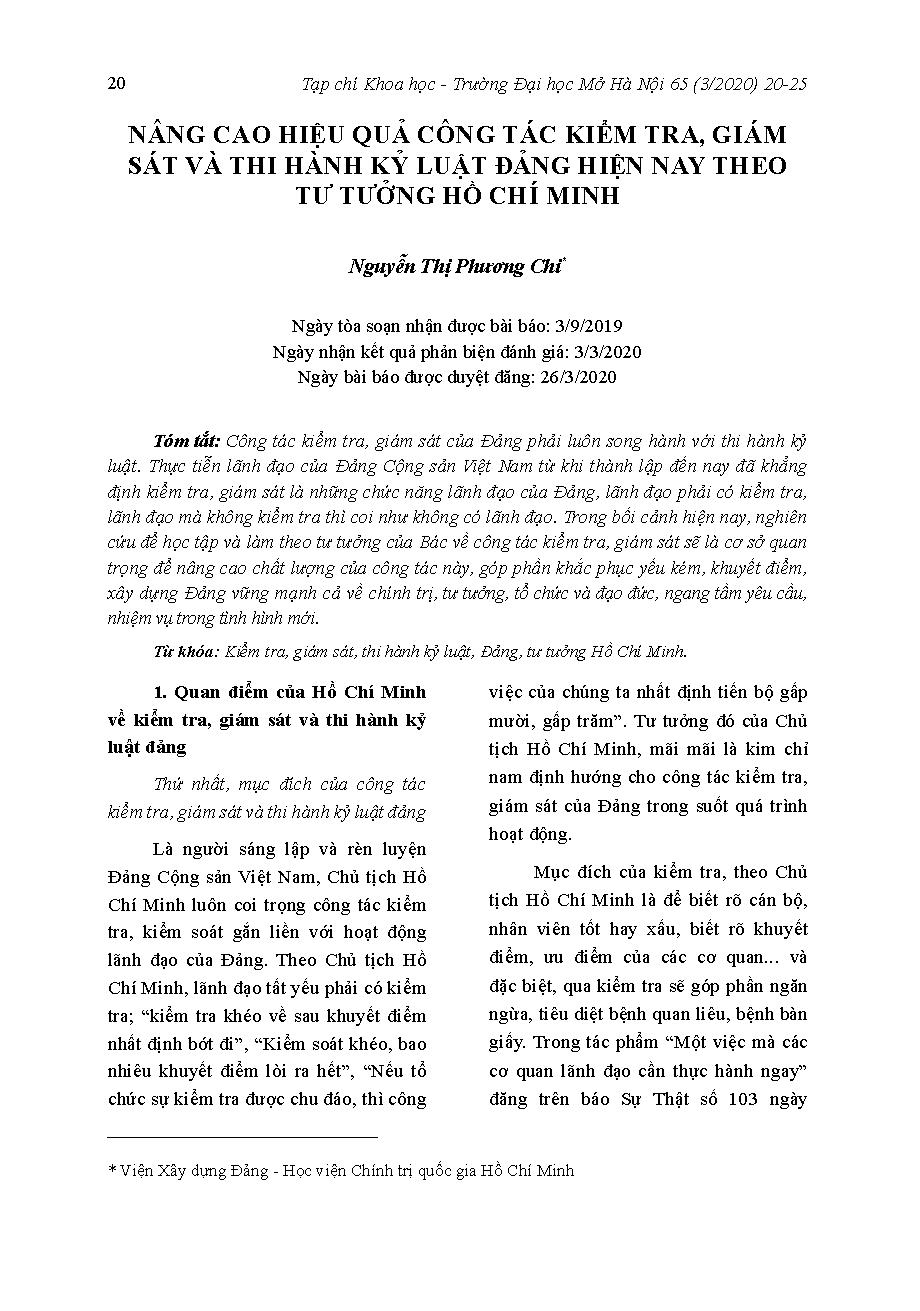 Nâng cao hiệu quả công tác kiểm tra, giám sát và thi hành kỷ luật Đảng hiện nay theo tư tưởng Hồ Chí Minh = Enhancing the efficiency of the inspection, supervision and disciplinary enforcement under Ho Chi Minh ideas