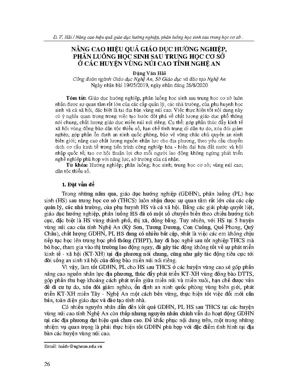 Nâng cao hiệu quả giáo dục hướng nghiệp, phân luồng học sinh sau trung học cơ sở ở các huyện vùng núi cao tỉnh Nghệ An = Improving the effectiveness of vocational education streaming students after junior secondary school in highland districts of Nghe An province