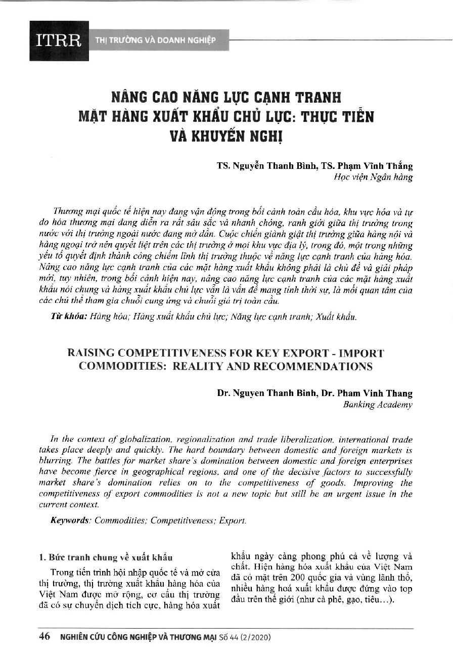 Nâng cao năng lực cạnh tranh mặt hàng xuất khẩu chủ lực: thực tiễn và khuyến nghị = Raising competitiveness for key export – import commodities: reality and recommendations