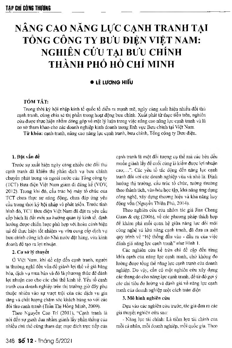 Nâng cao năng lực cạnh tranh tại Tổng công ty Bưu điện Việt Nam: Nghiên cứu tại Bưu chính Thành phố Hồ Chí Minh = Enhancing competitiveness at Vietnam Post Corporation: Research at Ho Chi Minh City Post
