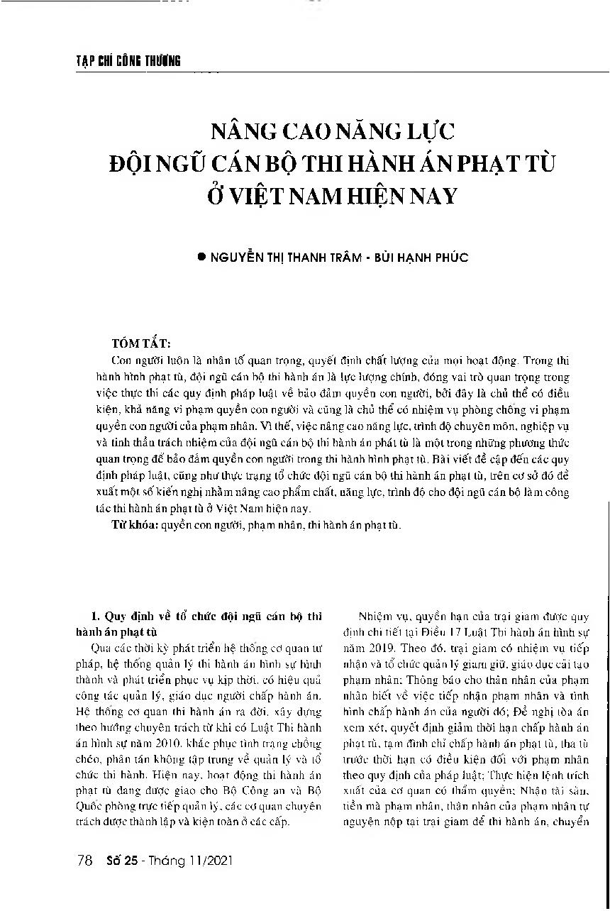 Nâng cao năng lực đội ngũ cán bộ thi hành án phạt tù ở Việt Nam hiện nay = Strengthening the quality and capacity of correctional officers in Vietnam