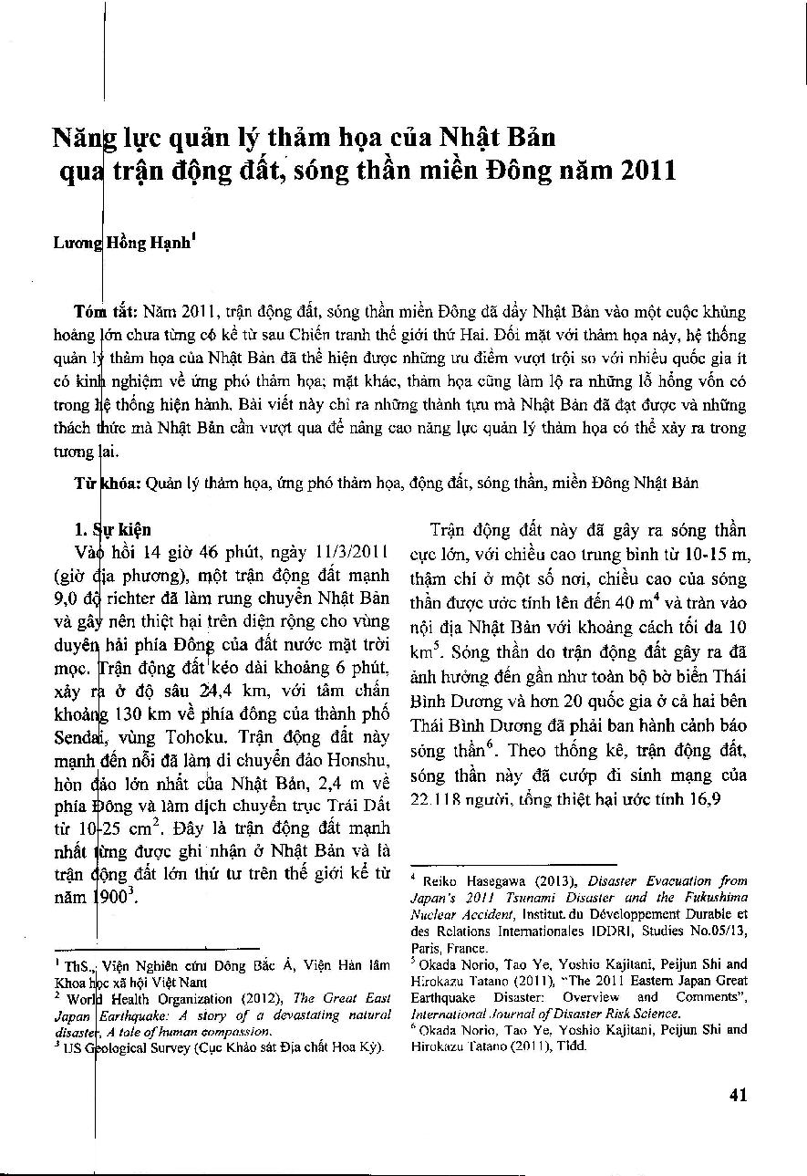 Năng lực quản lý thảm họa của Nhật Bản qua trận động đất, sóng thần miền Đông năm 2011 = Japan’s Capacity of Disaster Management through the Great East Japan Earthquake in 2011