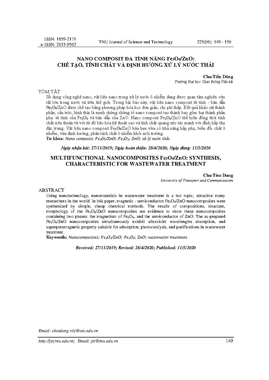 NANO COMPOSIT ĐA TÍNH NĂNG Fe3O4/ZnO: CHẾ TẠO, TÍNH CHẤT VÀ ĐỊNH HƯỚNG XỬ LÝ NƯỚC THẢI = MULTIFUNCTIONAL NANOCOMPOSITES Fe3O4/ZnO: SYNTHESIS, CHARACTERISTIC FOR WASTEWATER TREATMENT