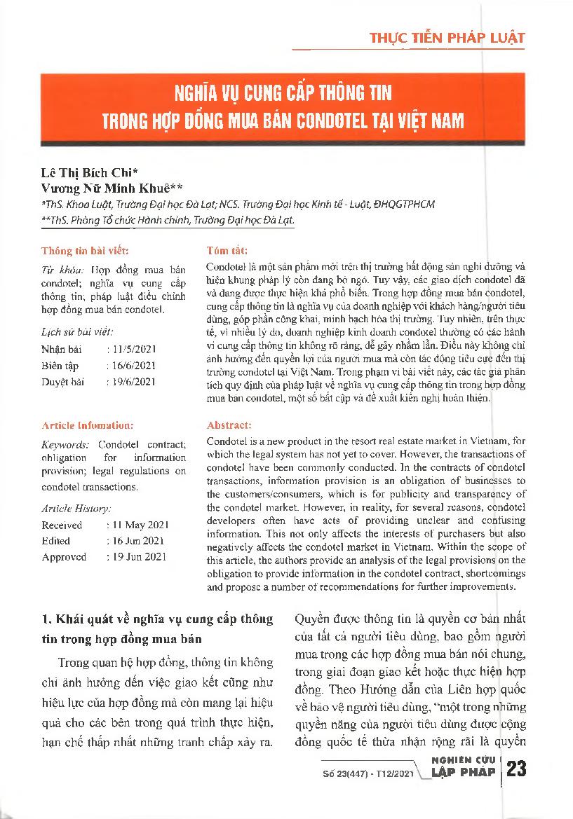 Nghĩa vụ cung cấp thông tin trong hợp đồng mua bán condotel tại Việt Nam = Obligation to provide information in condotel purchase and sale contracts in Vietnam