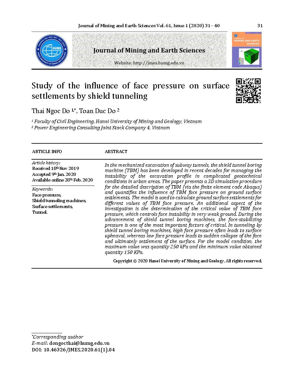 Nghiên cứu ảnh hưởng của áp lực gương đào đường hầm đến độ lún mặt đất khi thi công đường hầm bằng máy khiên đào = Study of the influence of face pressure on surface settlements by shield tunneling