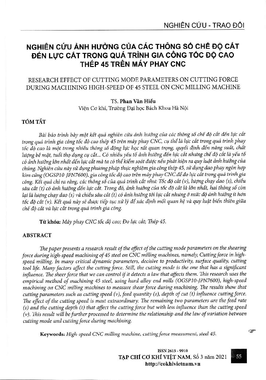 Nghiên cứu ảnh hưởng của các thông số chế độ cắt đến lực cắt trong quá trình gia cóng tóc độ cao thép 45 trên máy phay CNC = Research effect of cutting mode parameters on cutting force during machining high-speed of 45 steel on cnc milling machine