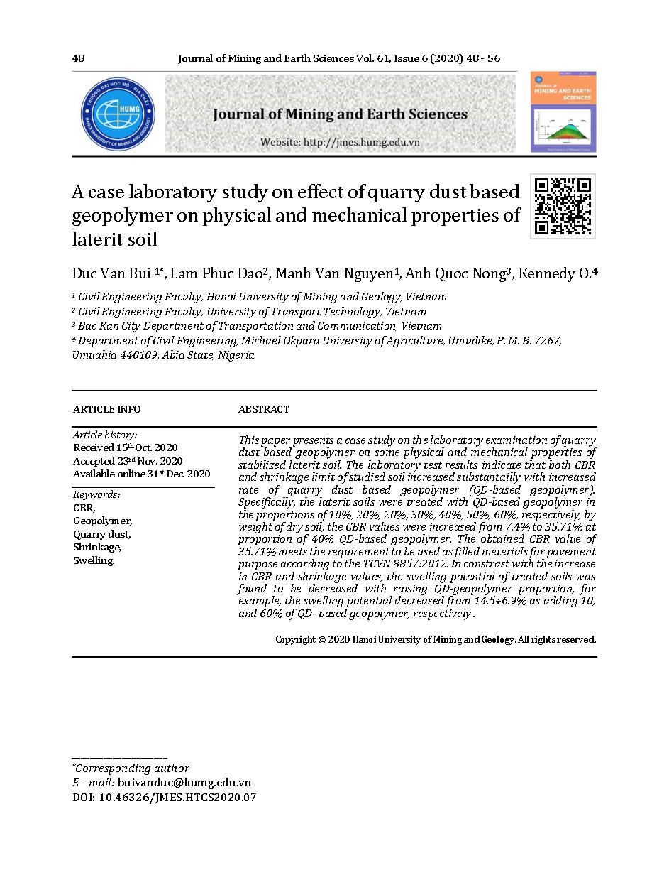 Nghiên cứu ảnh hưởng của hàm lượng geopolymer bột đá đến một số tính chất cơ lý của đất laterit = A case laboratory study on effect of quarry dust based geopolymer on physical and mechanical properties of laterit soil