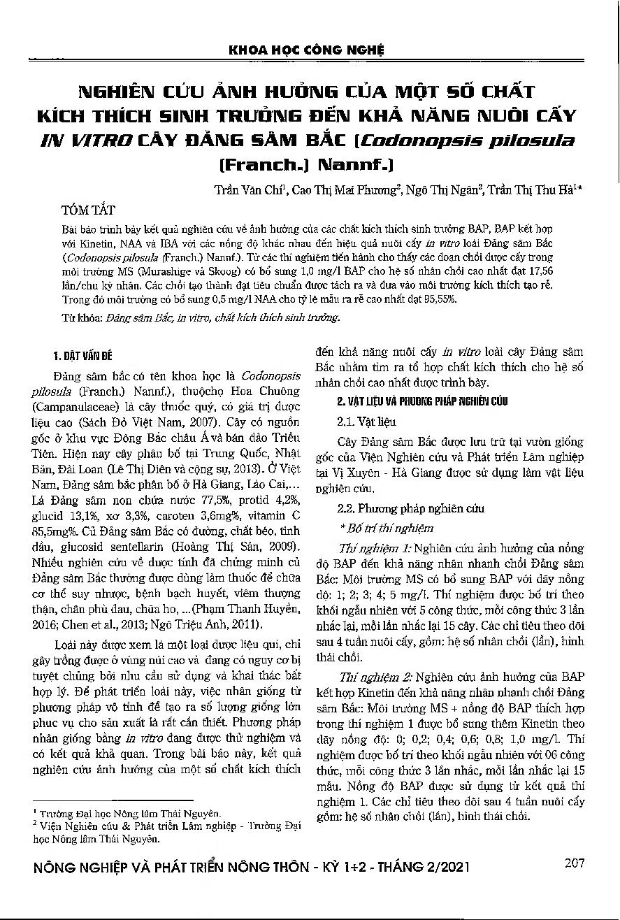 Nghiên cứu ảnh hưởng của một số chất kích thích sinh trưởng đến khả năng nuôi cấy in vitro cây Đảng Sâm Bắc (Codonopsis pilosula (Franch.) Nanní.) = Study on the effects of some growth stimulants on the cultivating possibility in vitro of Codonopsis pilosula (Franch.) Nannf.