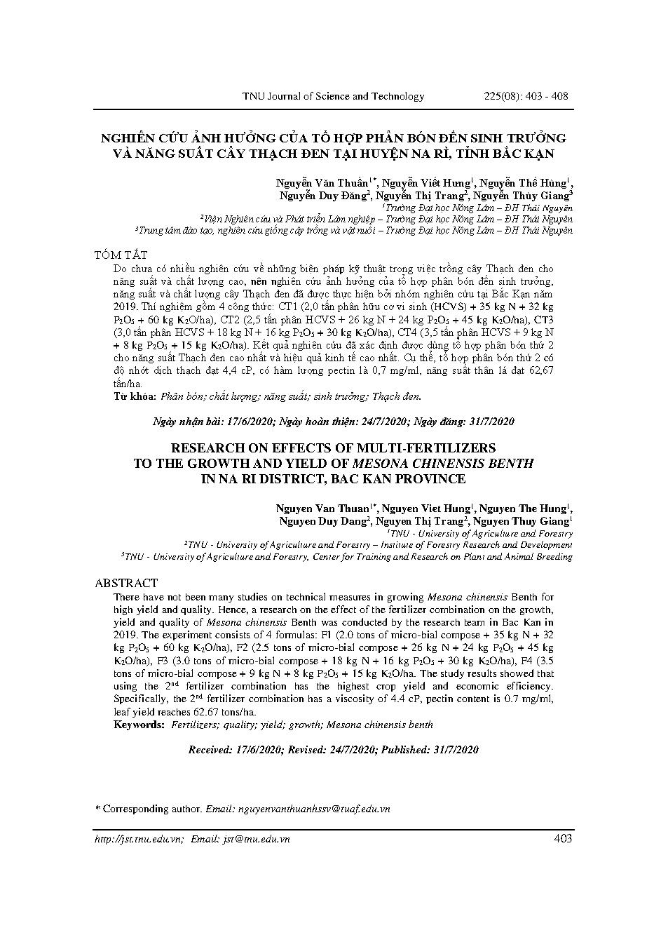 Nghiên cứu ảnh hưởng của tổ hợp phân bón đến sinh trưởng và năng suất cây thạch đen tại huyện Na Rì, tỉnh Bắc Kạn = Research on effects of multi-fertilizers to the growth and yield of Mesona chinensis Benth in Na Ri district, Bac Kan province