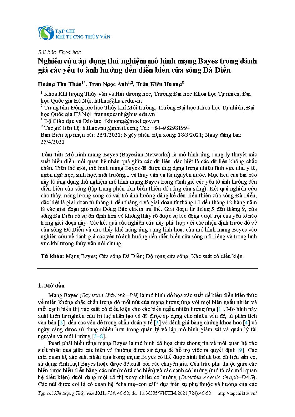 Nghiên cứu áp dụng thử nghiệm mô hình mạng Bayes trong đánh giá các yếu tố ảnh hưởng đến diễn biến cửa sông Đà Diễn = Applying Bayesian Networks for assessing impact factors on Da Dien Estuary variation