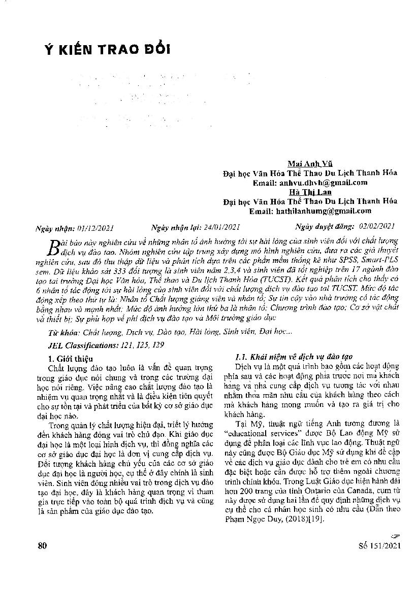 Nghiên cứu các nhân tố ảnh hưởng đến sự hài lòng của sinh viên đối với chất lượng dịch vụ đào tạo tại Trường Đại học Văn hóa, Thể thao và Du lịch Thanh Hóa = A Study on the Factors Affecting Student Satisfaction with the Training Quality at Thanh Hoa University of Culture, Sports and Tourism