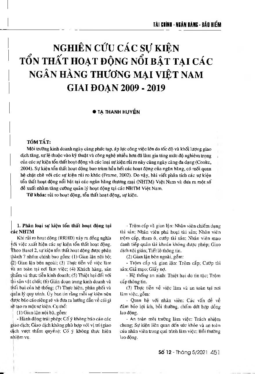 Nghiên cứu các sự kiện tổn thất hoạt động nổi bật tại các ngân hàng thương mại Việt Nam giai đoạn 2009 - 2019 = A study in major operating loss events of Vietnamese commercial banks in the period from 2009 to 2019