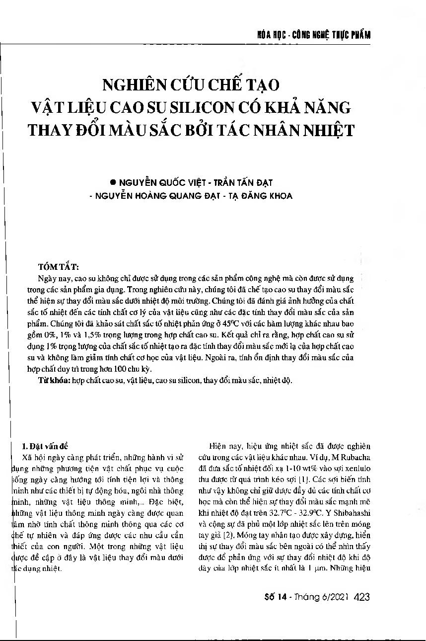 Nghiên cứu chế tạo vật liệu cao su Silicon có khả năng thay đổi màu sắc bởi tác nhân nhiệt = A study on the fabrication of thermochromic rubber changing color under ambient temperature