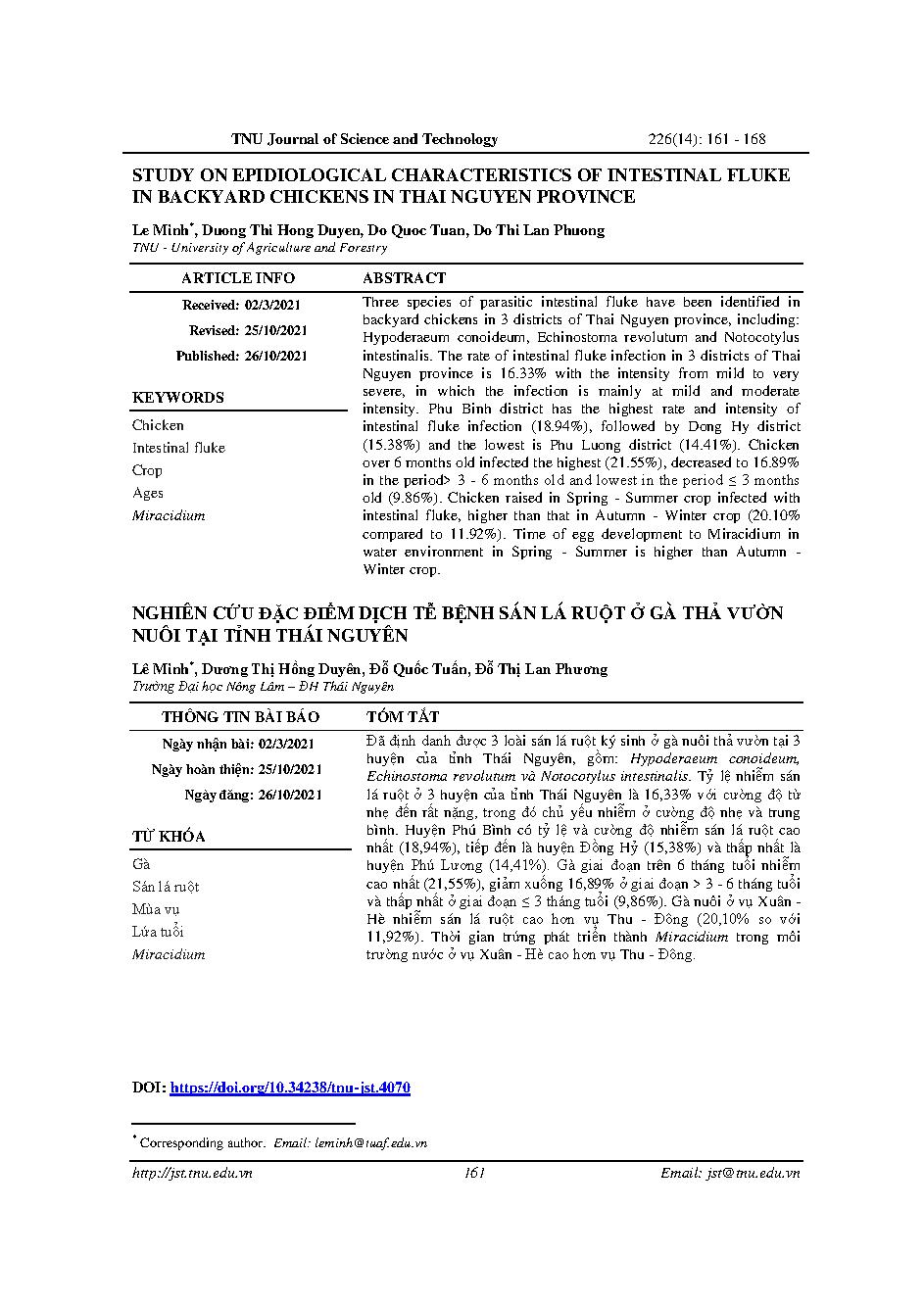 Nghiên cứu đặc điểm dịch tễ bệnh sán lá ruột ở gà thả vườn nuôi tại tỉnh Thái Nguyên = Study on epidiological characteristics of intestinal fluke in backyard chickens in thai nguyen province