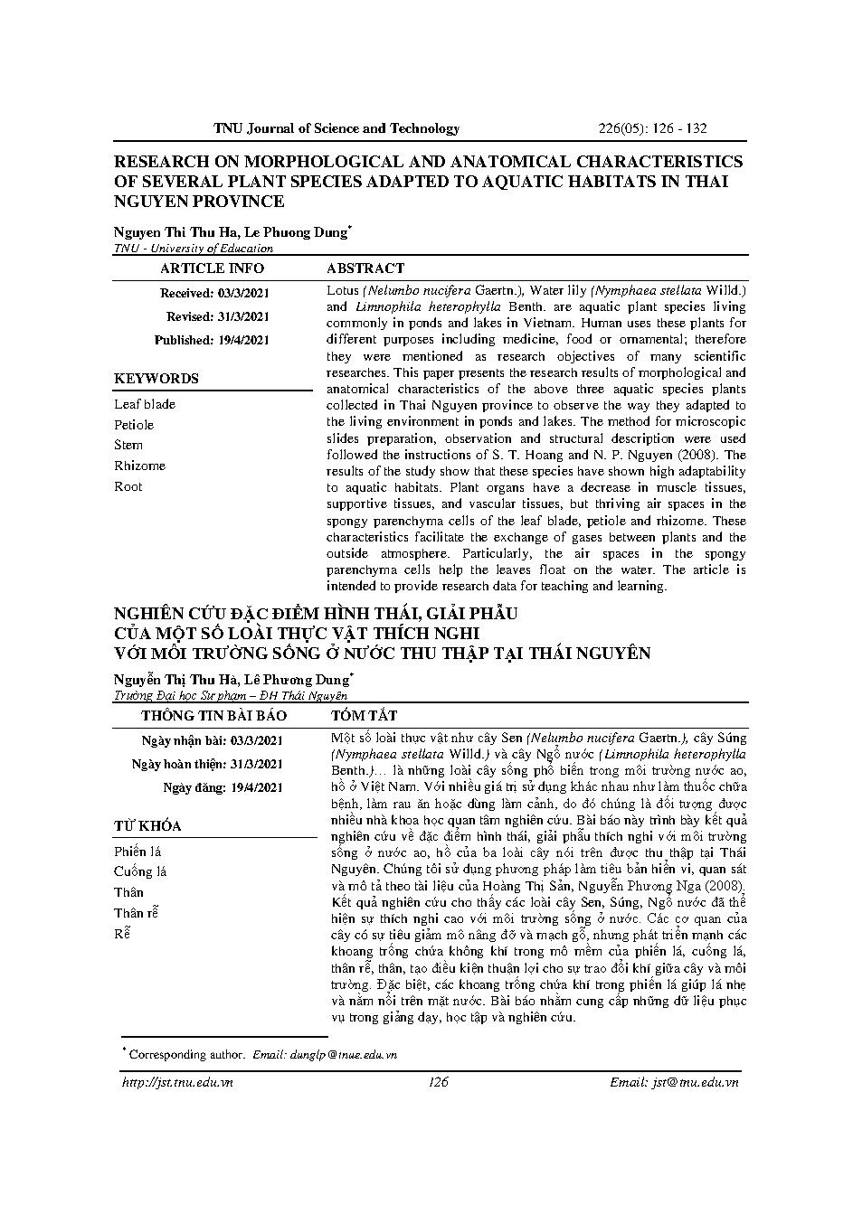 Nghiên cứu đặc điểm hình thái, giải phẫu của một số loài thực vật thích nghi với môi trường sống ở nước thu thập tại Thái Nguyên = Research on morphological and anatomical characteristics of several plant species adapted to aquatic habitats in thai nguyen province