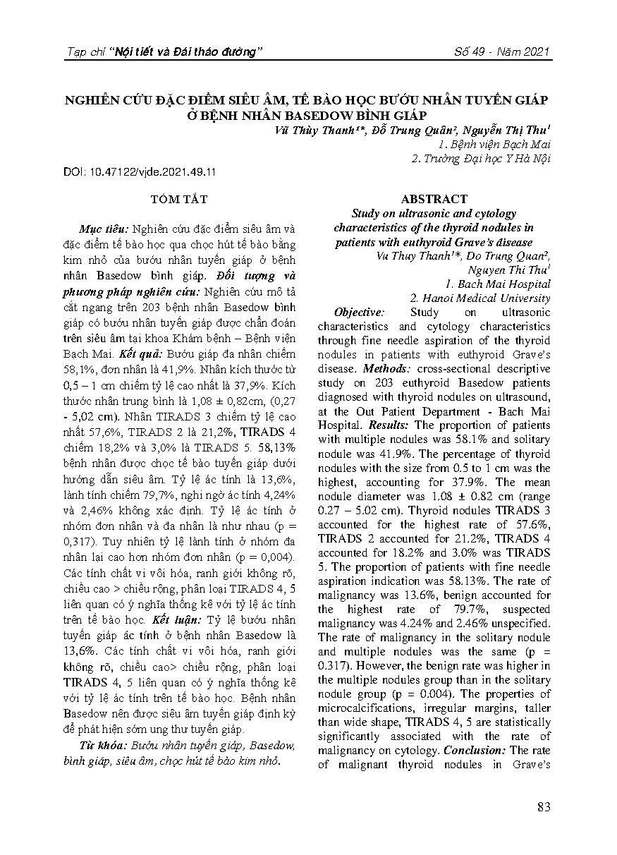 Nghiên cứu đặc điểm siêu âm, tế bào học bướu nhân tuyến giáp ở bệnh nhân basedow bình giáp = Study on ultrasonic and cytology characteristics of the thyroid nodules in patients with euthyroid Grave’s disease