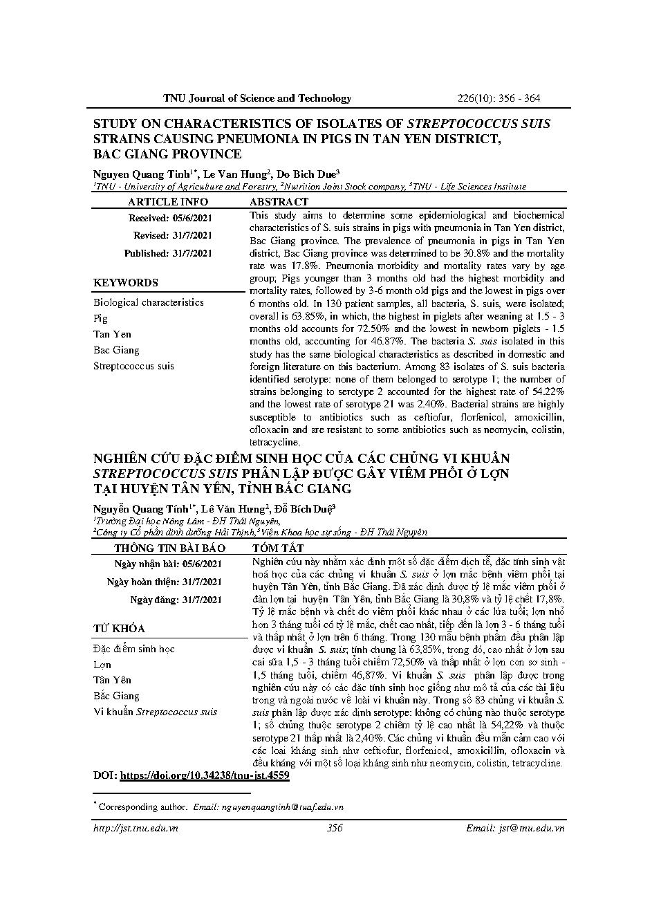 Nghiên cứu đặc điểm sinh học của các chủng vi khuẩn streptococcus suis phân lập được gây viêm phổi ở lợn tại huyện Tân Yên, tỉnh Bắc Giang = Study on characteristics of isolates of streptococcus suis strains causing pneumonia in pigs in tan yen district, bac giang province