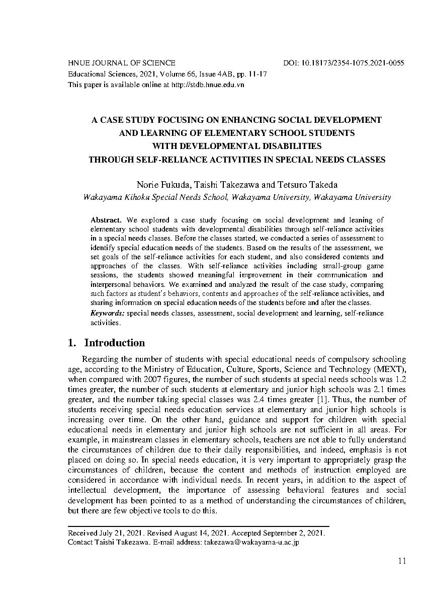 Nghiên cứu điển hình tập trung vào việc tăng cường phát triển xã hội và học tập của học sinh tiểu học khuyết tật phát triển thông qua các hoạt động tự lực trong các lớp học có nhu cầu đặc biệt = A case study focusing on enhancing social development and learning of elementary school students with developmental disabilities through self-reliance activities in special needs classes