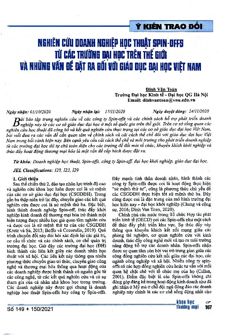 Nghiên cứu doanh nghiệp học thuật Spin-offs từ các trường đại học trên thế giới và những vấn đề đặt ra đối với giáo dục đại học Việt Nam = Research on Spin-offs in Universities in the World and Problems of Tertiary Education in Vietnam