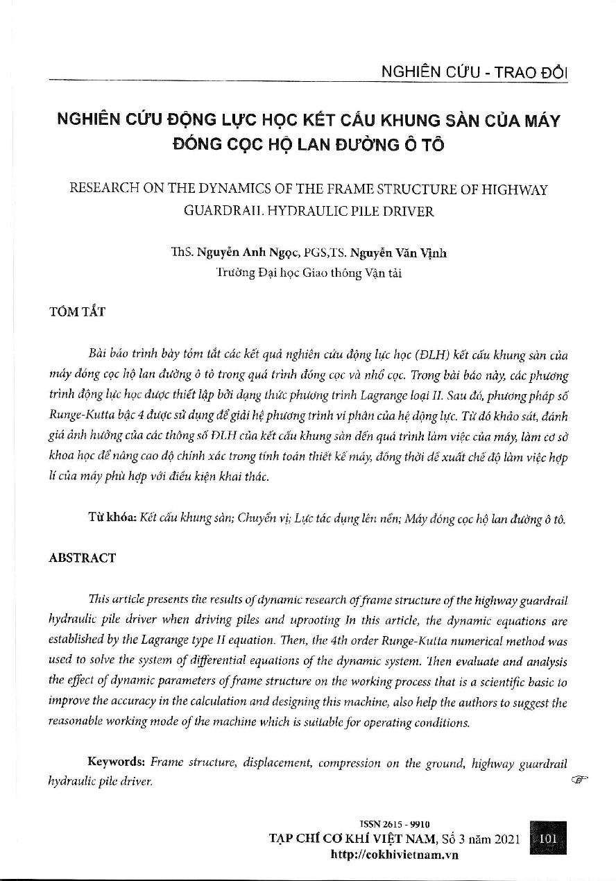 Nghiên cứu động lực học kết cấu khung sàn của máy đóng cọc hộ lan đường ô tô = Research on the dynamics of the frame structure of highway guardrail hydraulic pile driver