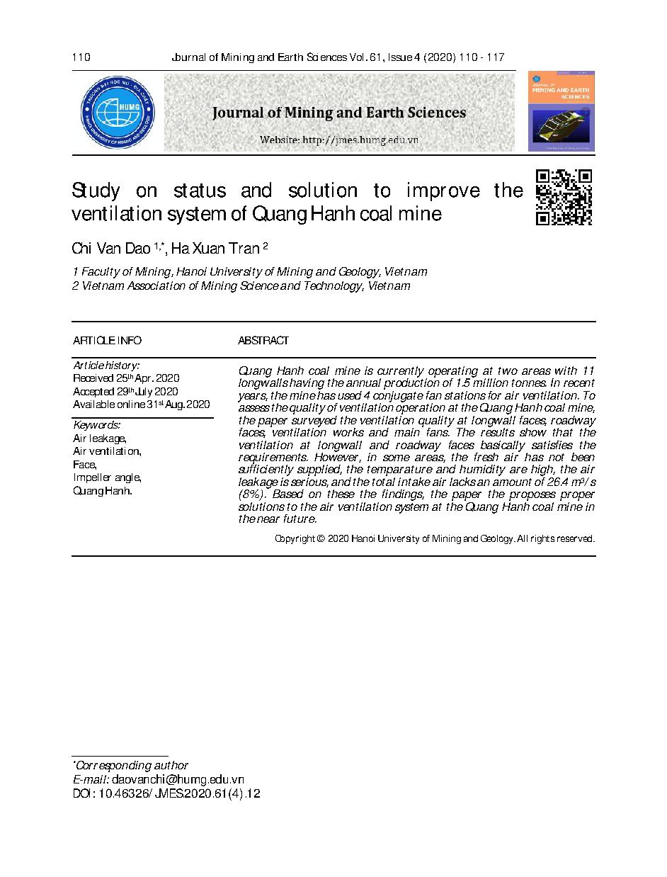 Nghiên cứu hiện trạng và đề xuất các giải pháp hoàn thiện hệ thống thông gió mỏ than Quang Hanh = Study on status and solution to improve the ventilation system of Quang Hanh coal mine
