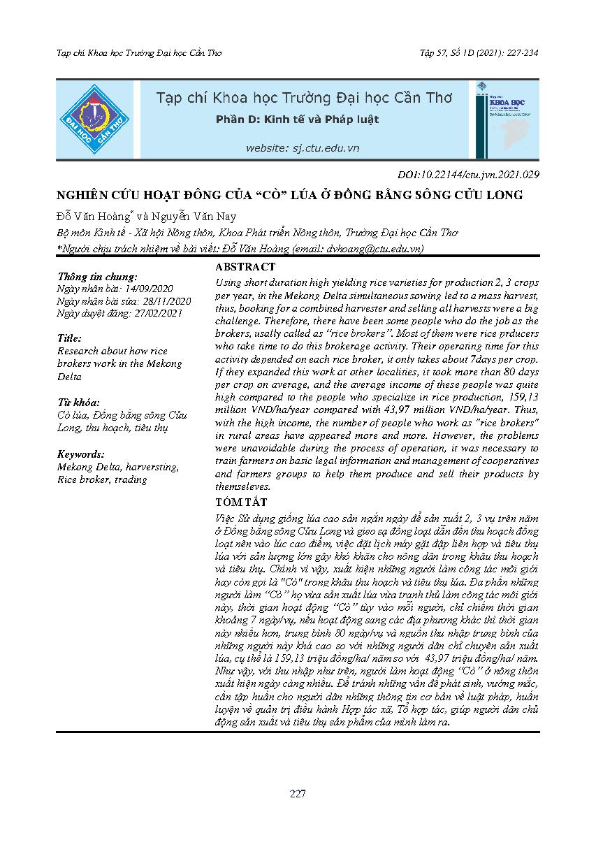 Nghiên cứu hoạt đông của “Cò” lúa ở đồng bằng sông Cửu Long = Research about how rice brokers work in the Mekong Delta