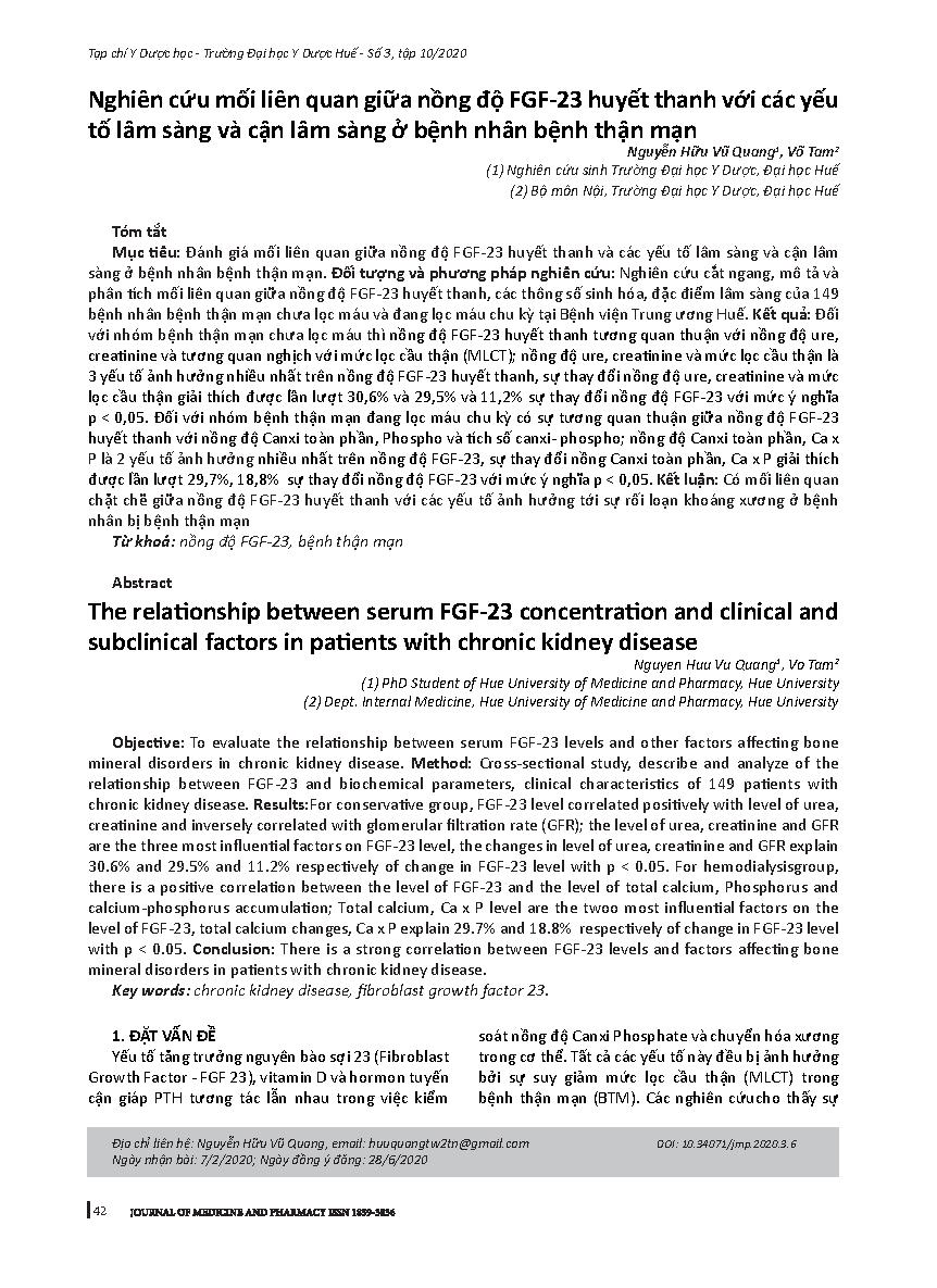 Nghiên cứu mối liên quan giữa nồng độ FGF-23 huyết thanh với các yếu tố lâm sàng và cận lâm sàng ở bệnh nhân bệnh thận mạn = The relationship between serum FGF-23 concentration and clinical and subclinical factors in patients with chronic kidney disease