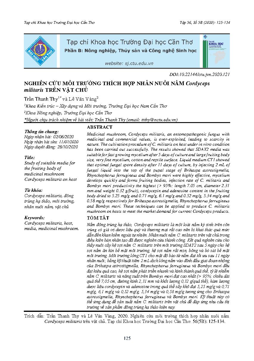 Nghiên cứu môi trường thích hợp nhân nuôi nấm Cordyceps militaris trên vật chủ = Study of suitable media for the fruiting body of medicinal mushroom Cordyceps militaris on host