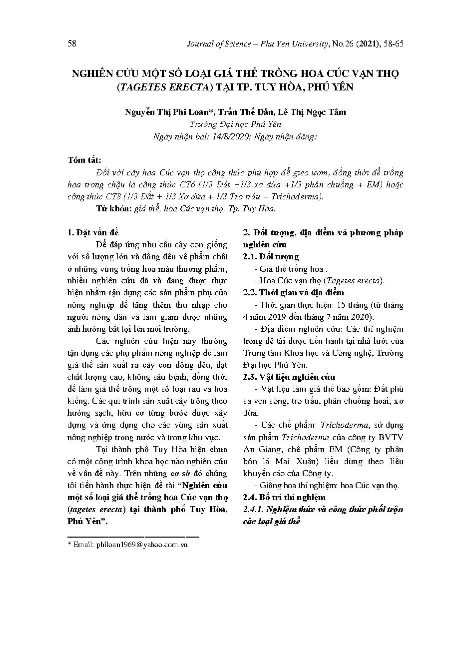 Nghiên cứu một số loại giá thể trồng hoa cúc vạn thọ (tagetes erecta) tại tp. Tuy Hòa, Phú Yên = Research on some soil mix types for growing marigold flowers (tagetes erecta) in Tuy Hoa city, Phu Yen province