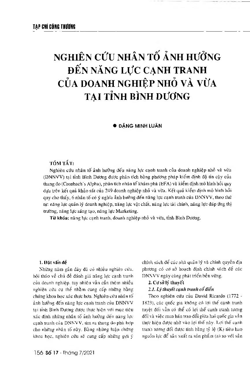 Nghiên cứu nhân tố ảnh hưởng đến năng lực cạnh tranh của doanh nghiệp nhỏ và vừa tại tỉnh Bình Dương = Factors affecting the competitiveness of small and medium-sized enterprises in Binh Duong Province